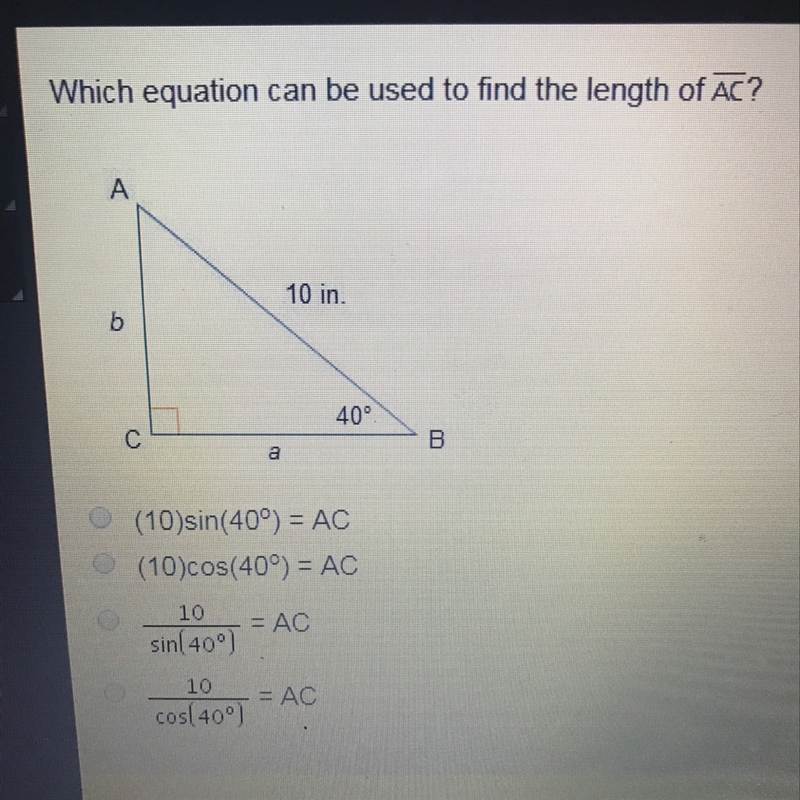 Which equation can be used to find the length of AC?-example-1