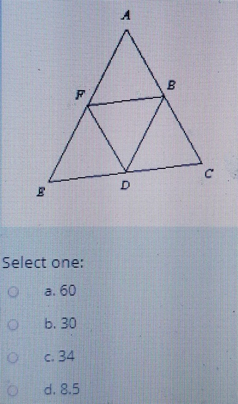 Points B, D, and F are midpoints of the sides of ACE EC = 30 and DF = 17. Find AC-example-1