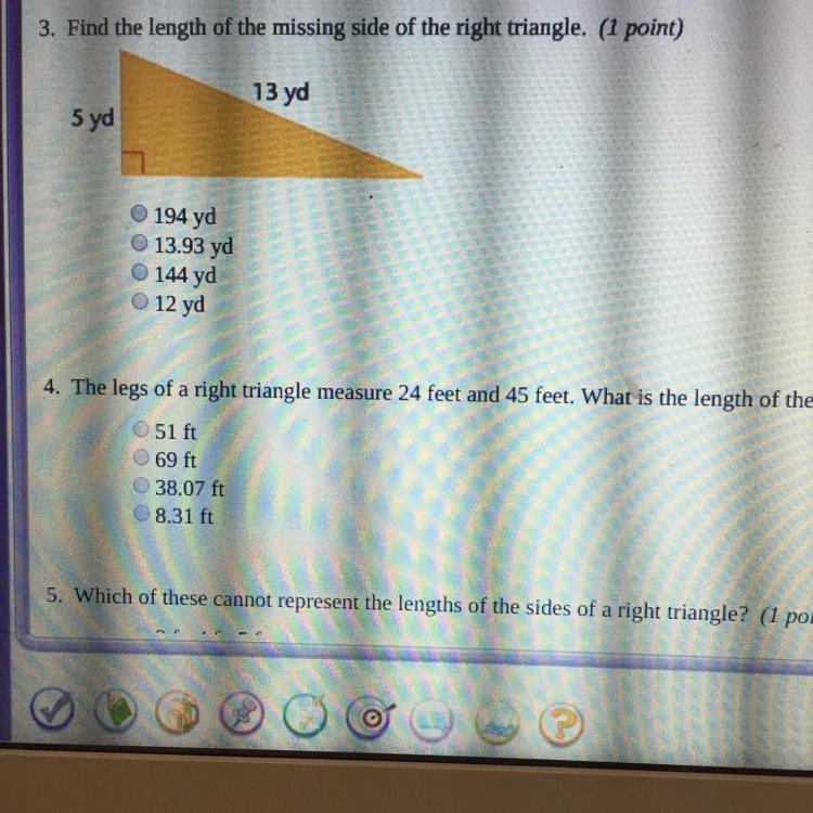 Find the length of the missing side of the right triangle 5yd 13yd-example-1