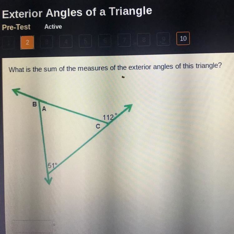 What is the sum of the measures of the exterior angles of this triangle? Picture attached-example-1