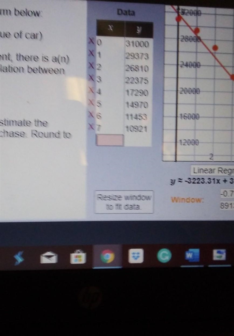 Use the regression equation to estimate the value of the car 8 years after purchase-example-1