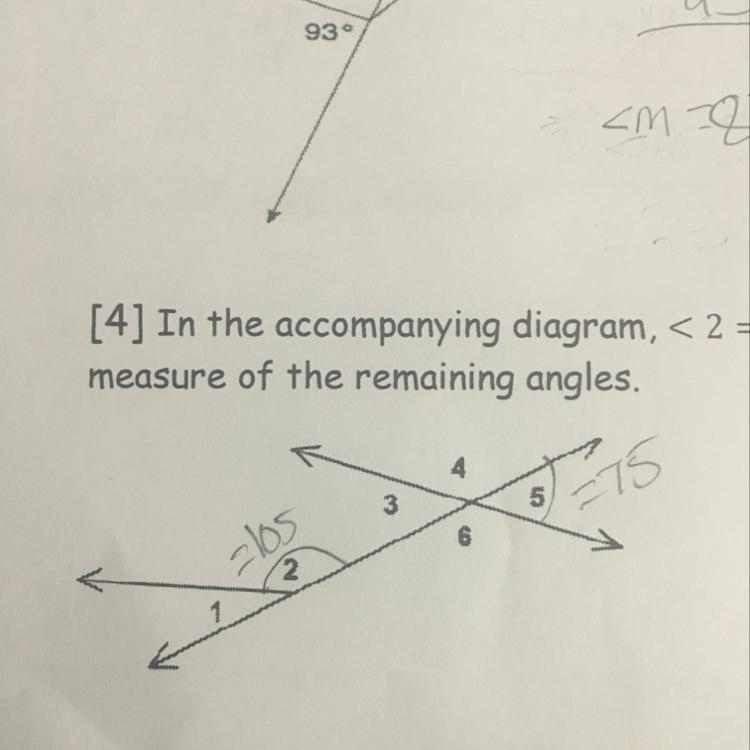 [4] In the accompanying diagram, < 2 = 105° and < 5 = 75°. Find the measure-example-1