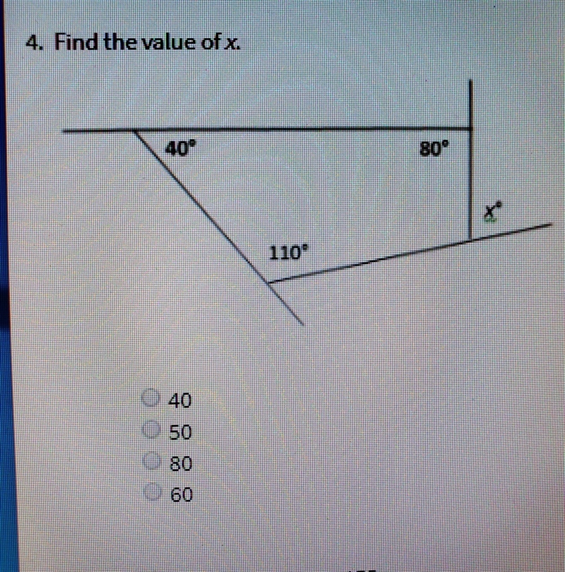 Find the value of x a. 40 b. 50 c. 80 d. 60-example-1