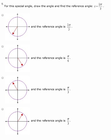 For this special angle, draw the angle and find the reference angle: t= 2π/3-example-1