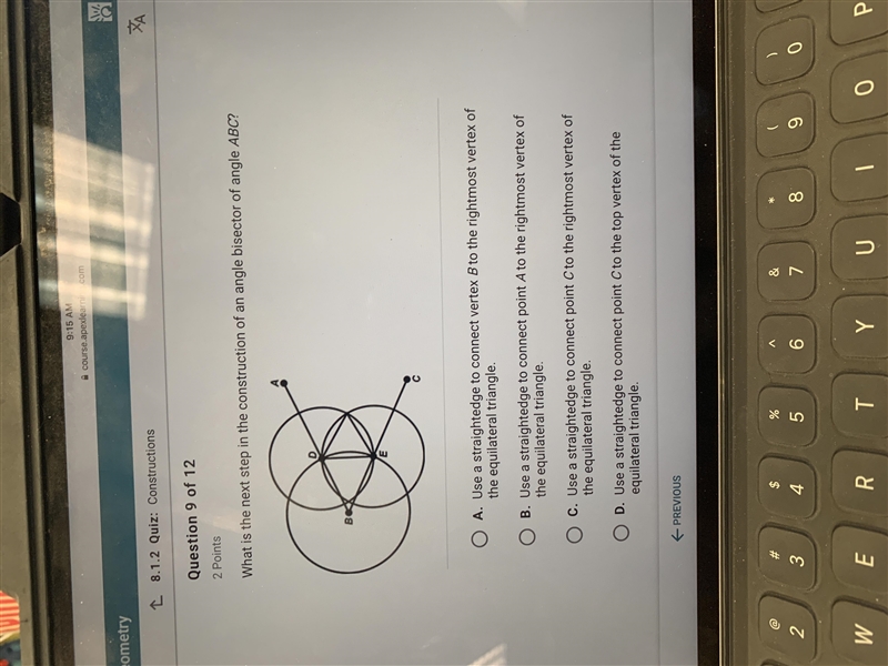 What is the next step in the construction of an angle bisector of angle ABC?-example-1