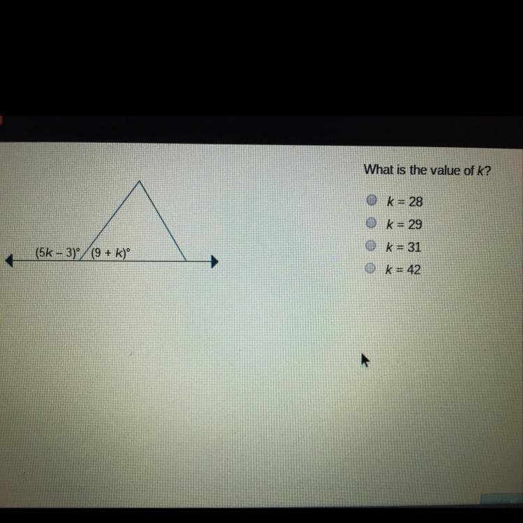 What is the value of k? k = 28 k = 29 k = 31 k = 42-example-1