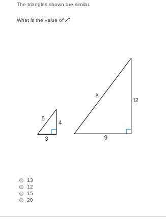 The triangles shown are similar. What is the value of x? see attatchment 13 12 15 20-example-1