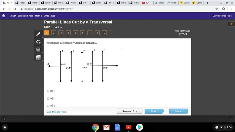 Which lines are parallel? Check all that apply. b and f b and c c and e c and d d-example-1