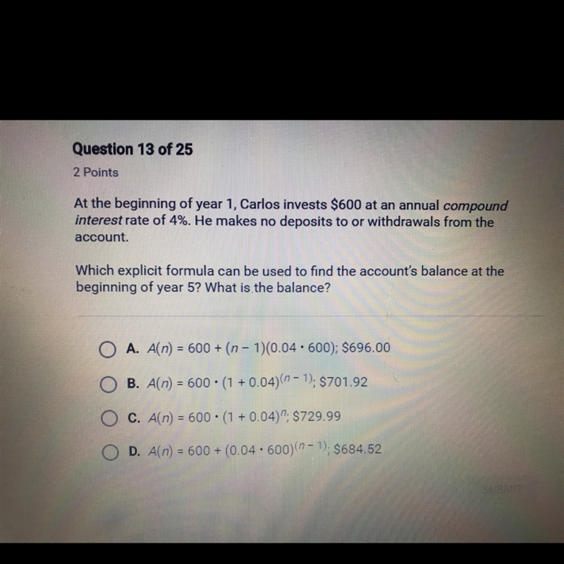 At the beginning of year 1, Carlos invests $600 at an annual compound interest rate-example-1