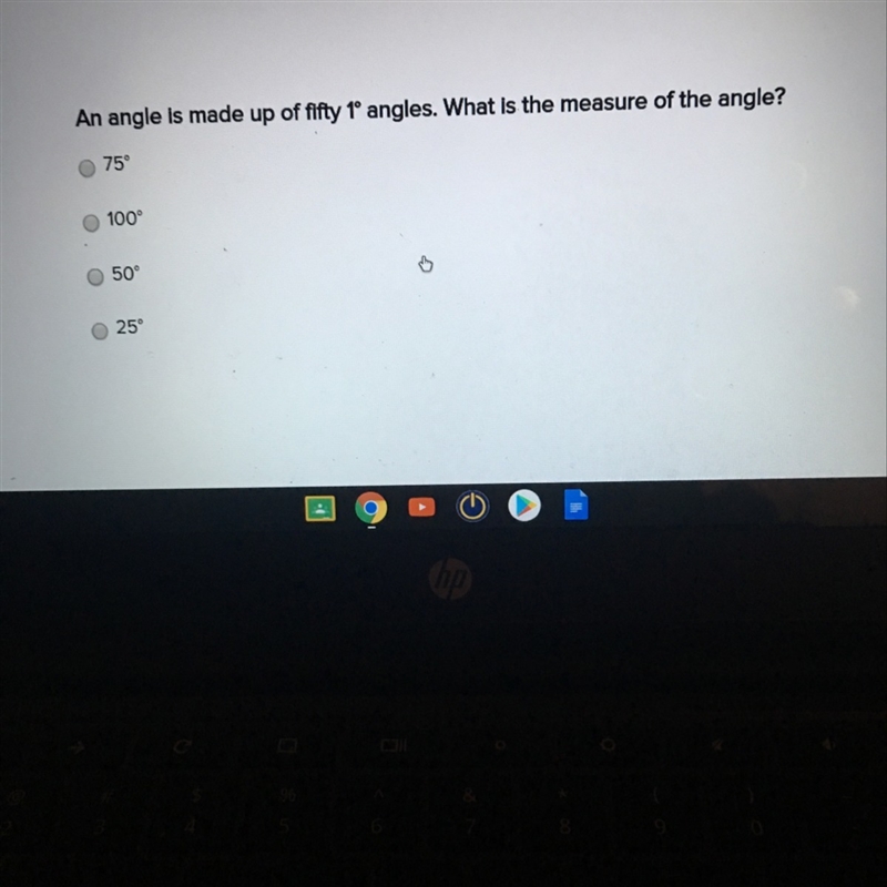 An angle is made up of fifty 1* angles. What is the measure of the angle?-example-1