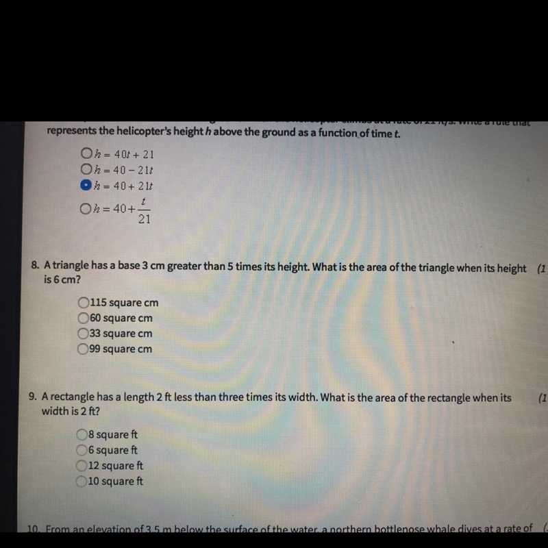 A triangle has a base of 3 cm greater than five times its height. What is the area-example-1