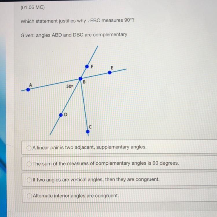 Which statement justifies why angle EBC measures 90?-example-1