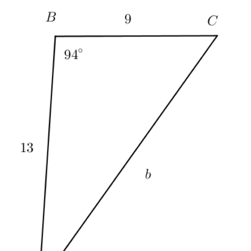 URGENT!!! Triangle ABC shown below has m∠B=94∘, a=9, and c=13. Find the area of the-example-1