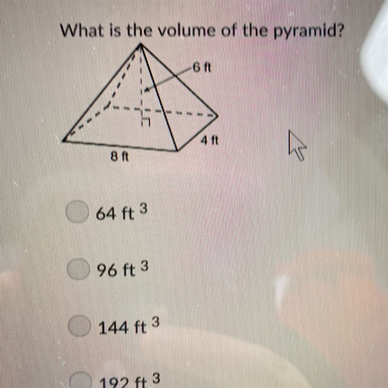 What is the volume of the pyramid 8ft 4ft 6ft 20 POINTS-example-1