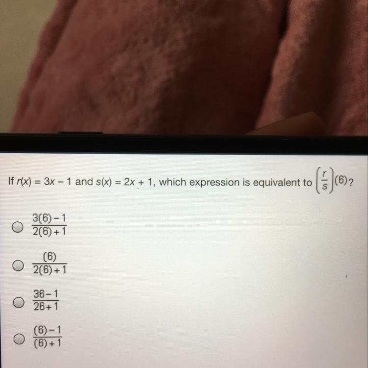 If r(x) = 3x - 1 and s(x) = 2x + 1, which expression is equivalent to (r/s)(6)?-example-1