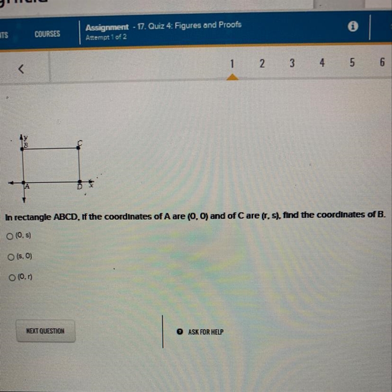 In rectangle ABCD. If the coordinates of A are (0,0) and of C are (r,s), find the-example-1