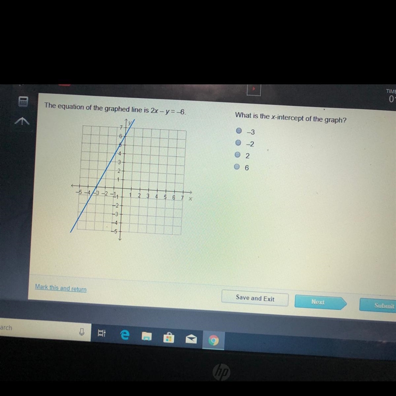 The equation of the graphed line is 2x - y =-6 What is the x-intercept of the graph-example-1