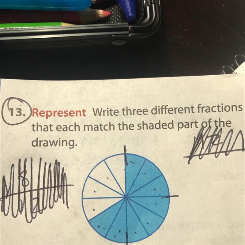 4.) JE 13. Represent Write three different fractions that each match the shaded part-example-1