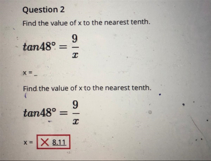 Please help: tangent 48 degrees = 9/x-example-1