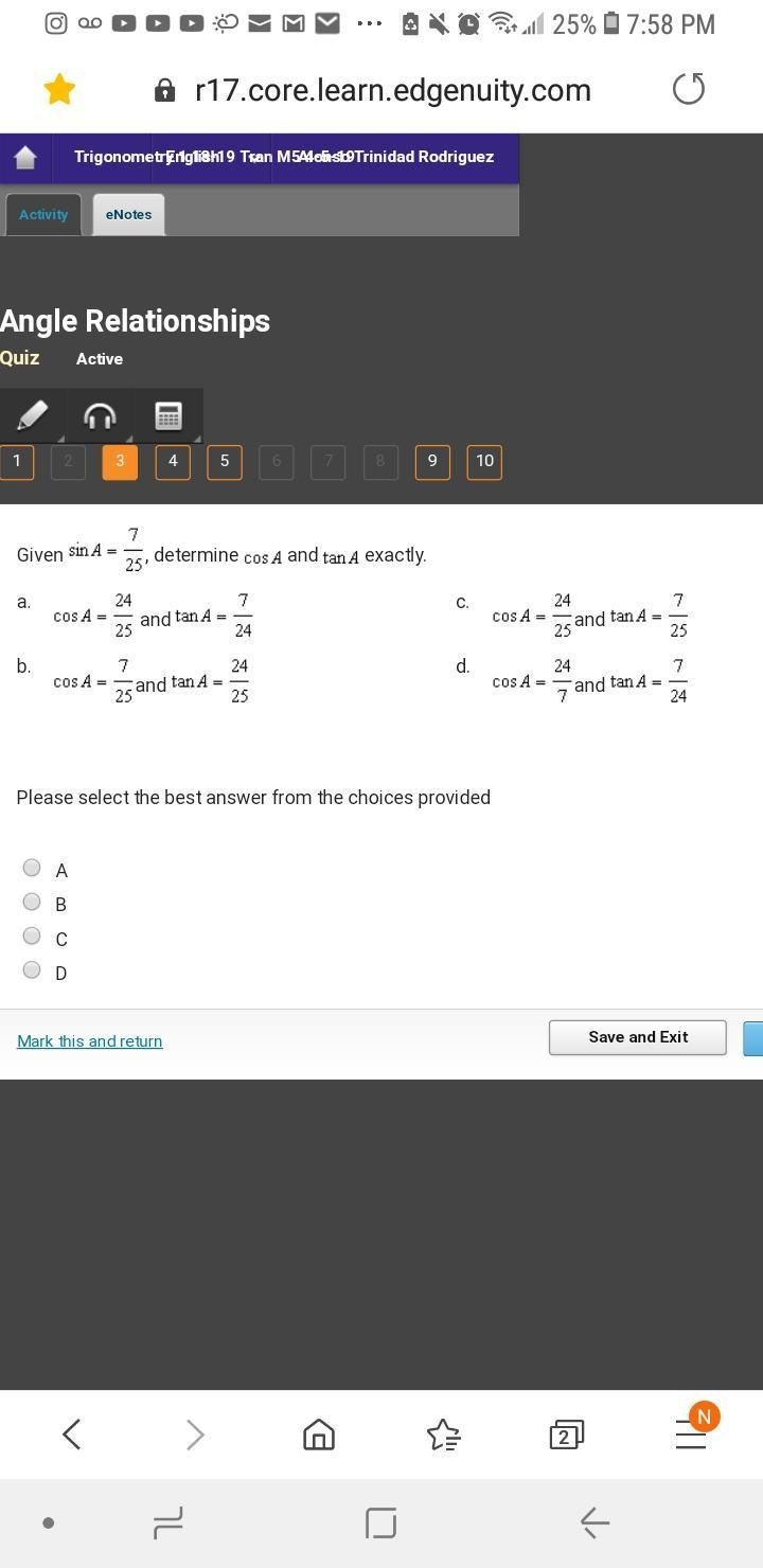 Sin A 7 divided by 25-example-1