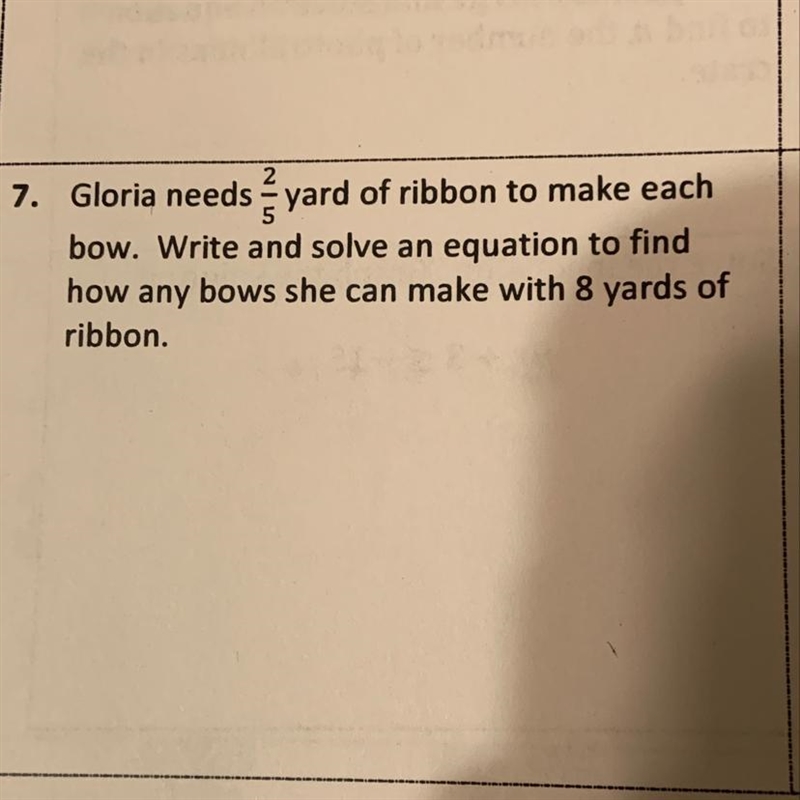 Write and solve an equation to find how any bows she can make with 8 yards of ribbon-example-1