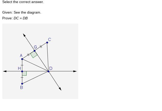 Given: See the diagram. Prove: DC = DB Statement Reason 1. given 2. AG = GC given-example-3