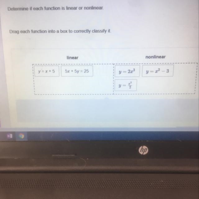 Math Exam answer!! K-12 Determine if each function is linear or nonlinear Drag each-example-1