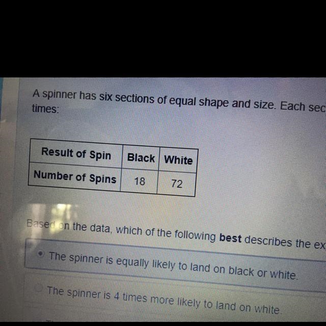 A spinner has six sections of equal shape and size each section is either black or-example-1