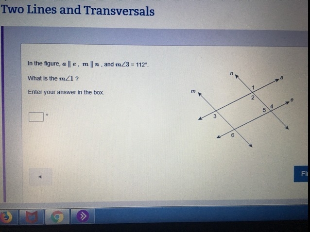 In the figure, a ll e, m ll n, and m 3 = 112 degrees What is the m 1 ?-example-1