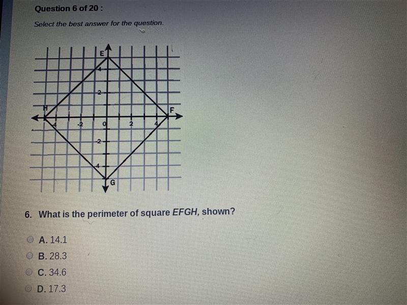 What is the perimeter of square EFGH, shown? A. 14.1 B. 28.3 C. 34.6 D. 17.3-example-1