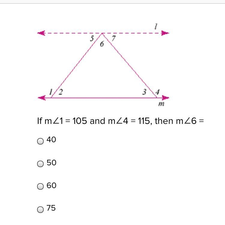 If m∠1 = 105 and m∠4 = 115, then m∠6 =-example-1