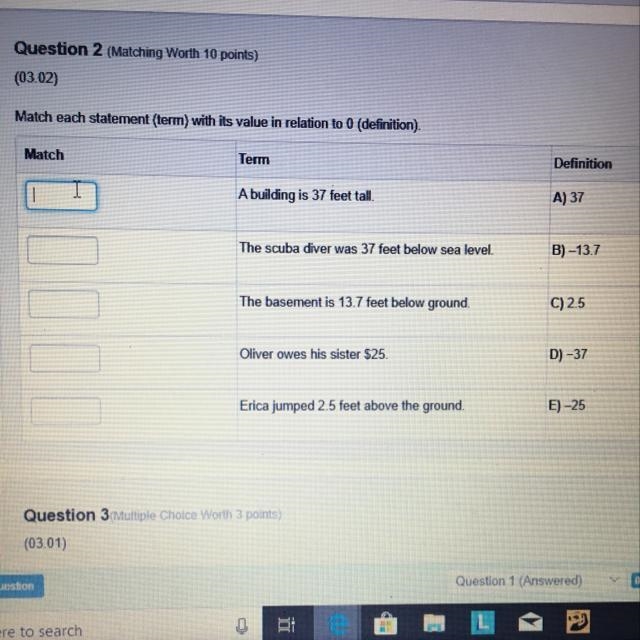 Match each statement (term) with its value in relation to 0 (definition).-example-1