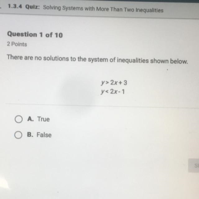 There are no solutions to the system of inequalities shown below. y> 2x + 3 y&lt-example-1