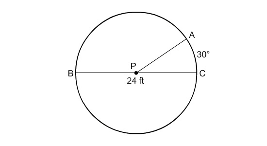 In circle P, BC = 24 ft. What is the length of ABC A) 33p B) 11p C) 22p D) 44p-example-1