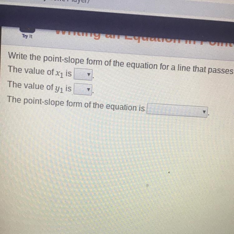 Write the point-slope form of the equation for a line that passes through (6, -1) with-example-1