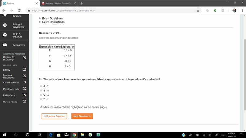 The table shows four numeric expressions. Which expression is an integer when it's-example-1