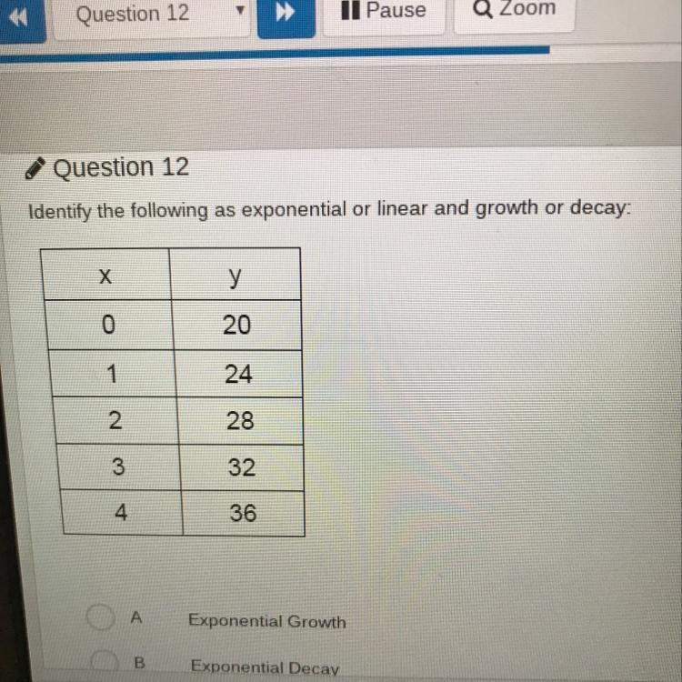 Identify the following as exponential or linear and growth or decay-example-1