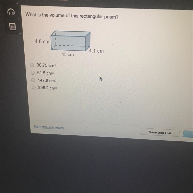 What is the volume of this rectangular prism? 30.75 cm^3 61.5 cm^3 147.6 cm^3 295.2 cm-example-1