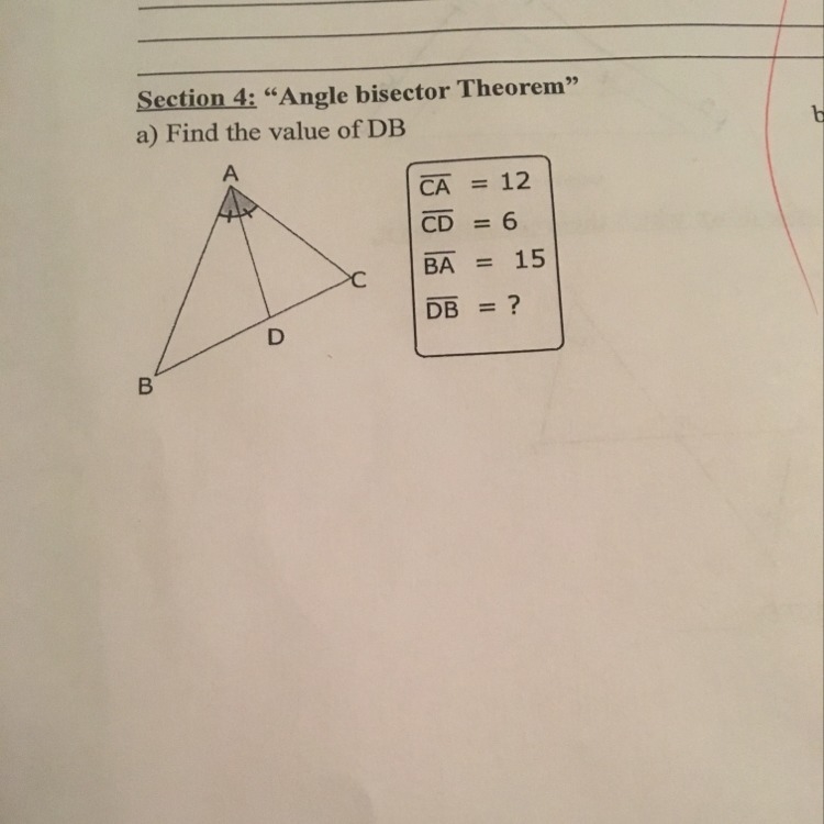 Angle bisector theorem find the value of DB-example-1