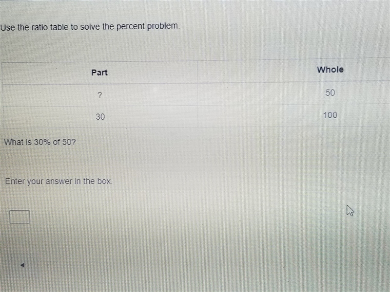 Use the ratio table to solve the percent problem. What is 30% of 50. ​-example-1