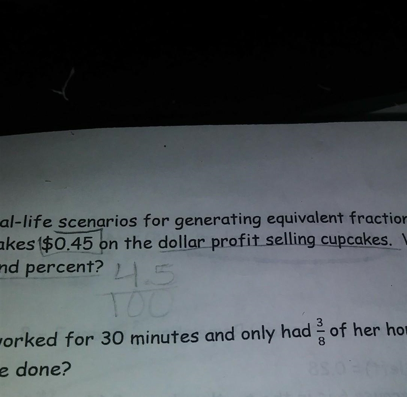 Gina makes $0.45 on the dollar profit selling cupcakes. What is her profit per dollar-example-1