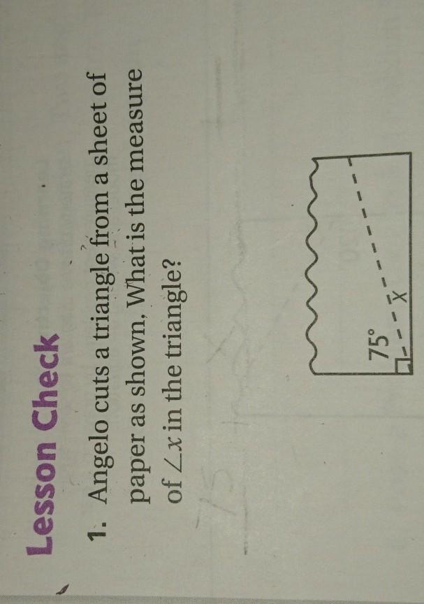 Angelo cuts a triangle from a sheet of paper as shown. What is the measure of angle-example-1