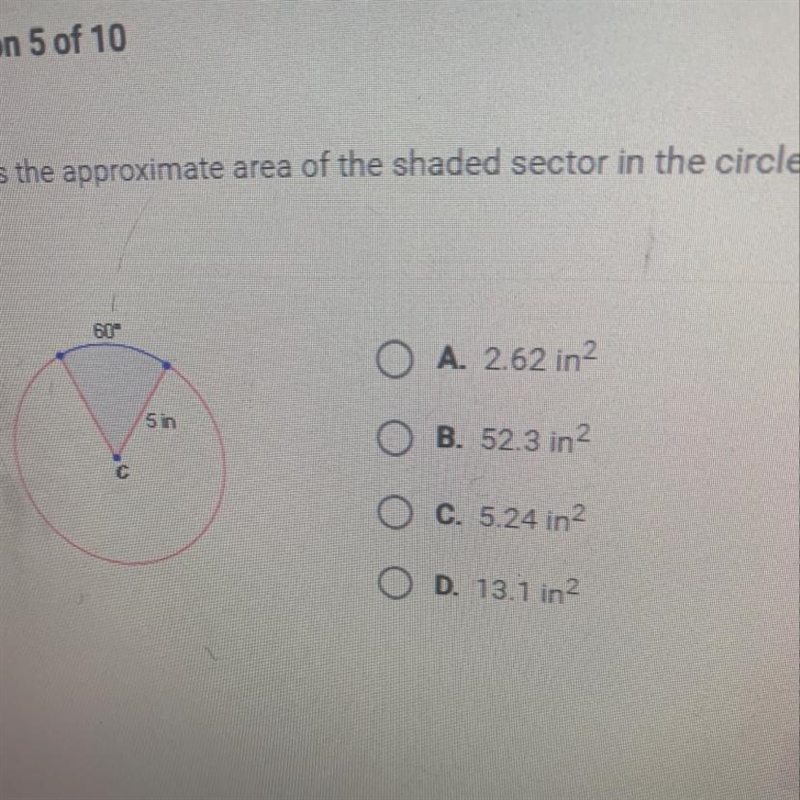 What is the approximate area of the shaded sector in the circle shown below?-example-1