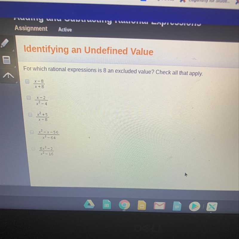 For which rational expression is 8 an excluded value ? check all that apply-example-1