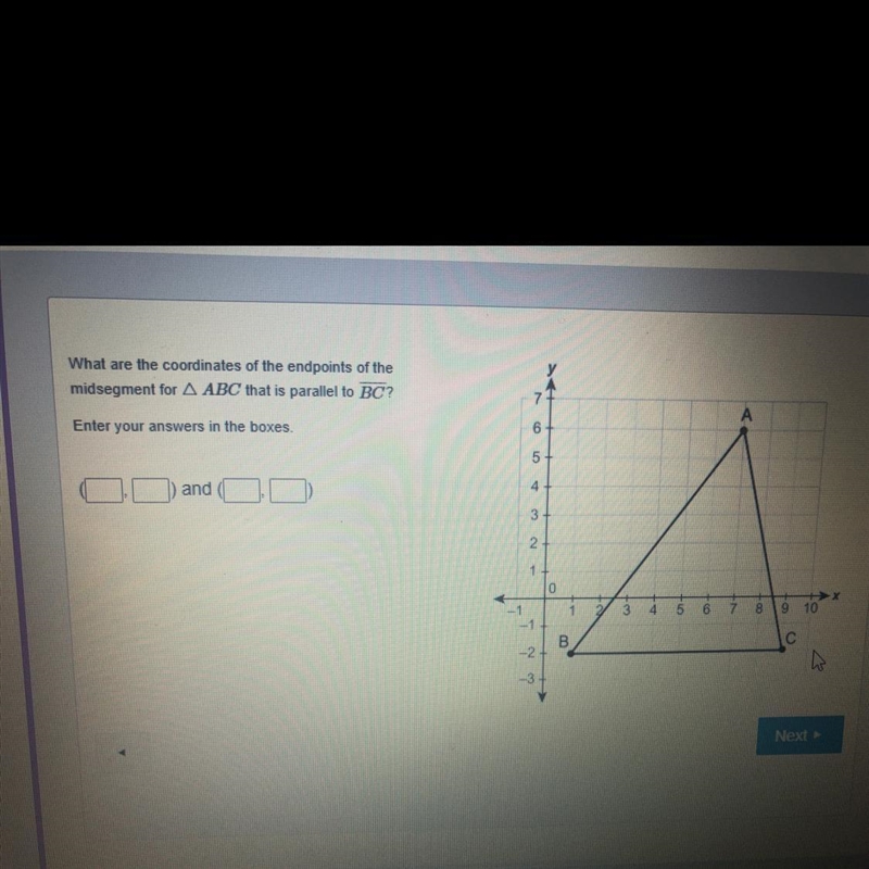 What are the coordinates of the endpoints of the mid segment for ABC that is parallel-example-1