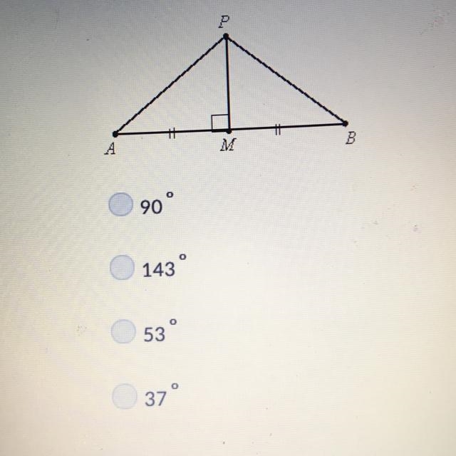 PM is the perpendicular bisector of AB. Angle PAM measures 37. What is the measure-example-1