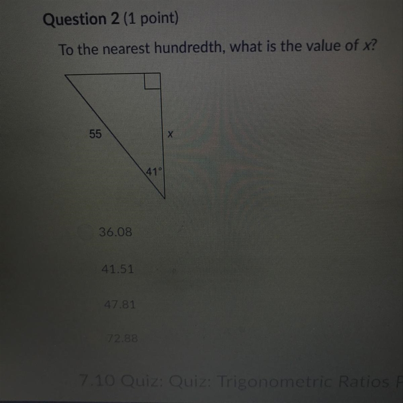 To the nearest hundredth, what is the value of x? 36.08 41.51 47.81 72.88-example-1