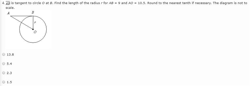 AB is tangent to circle O at B. Find the length of the radius r for AB = 9 and AO-example-1