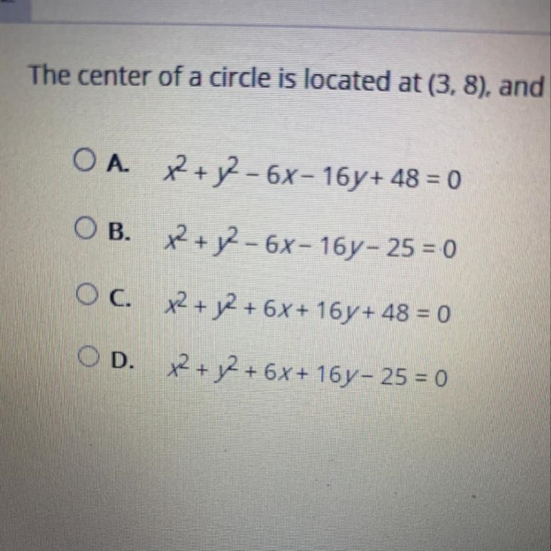 The center of a circle is located at (3.8), and the circle has a radius that is 5 units-example-1