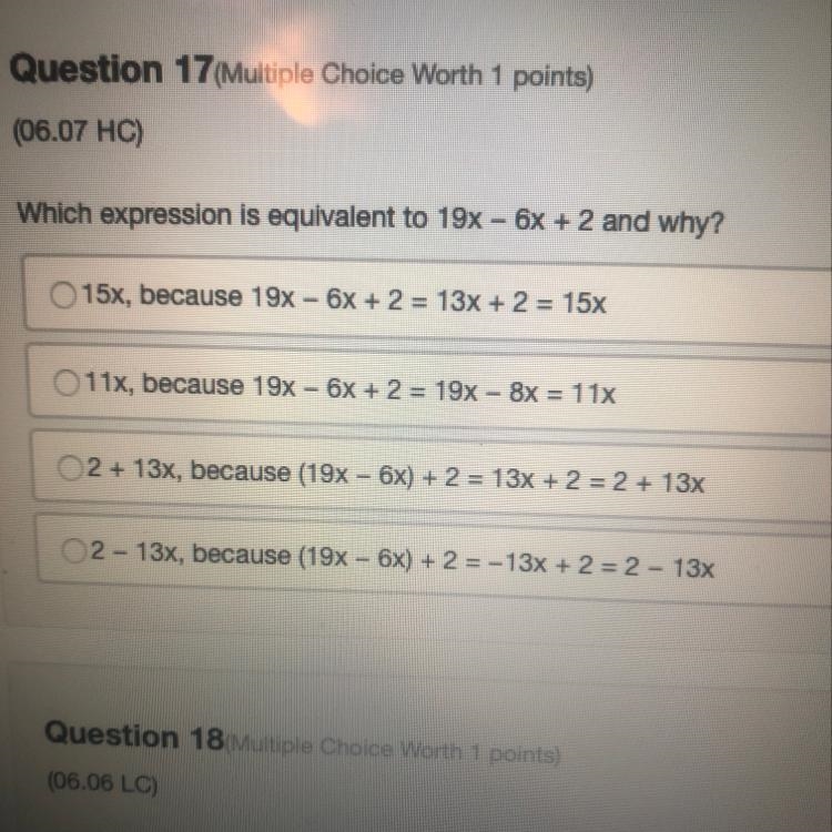 Which expression is equivalent 219 X minus 6X +2 And why?-example-1